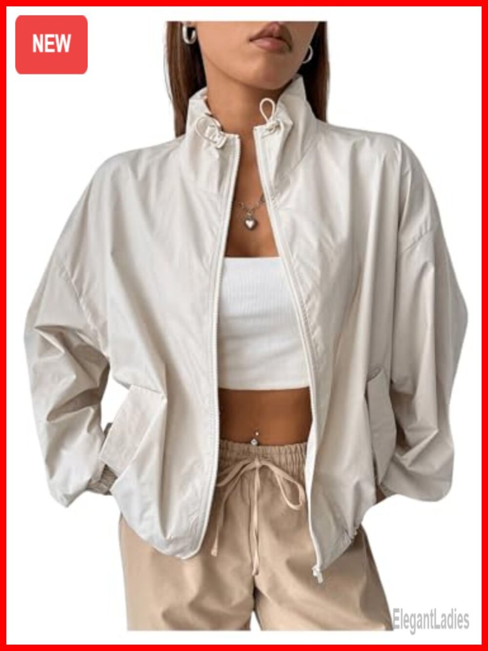 Women's Lightweight Windbreaker Jacket Zip Up Stand Collar Loose Fit Casual